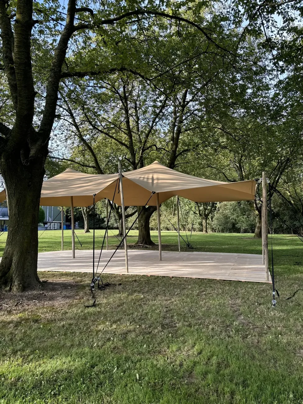 Kleine stretchtent houten vloer park Limburg